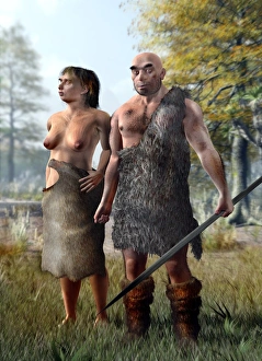 Computer artwork of a Neanderthal couple standing in prehistoric terrain