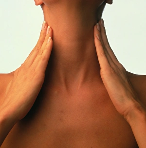 Neck massage: hands of woman during self-massage Neck massage: hands of woman during self-massage