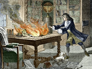 Sir Isaac Newton Prints: Newton's Opticks notes in flames, a print