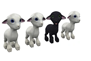 Prints of Odd one out. Conceptual computer artwork of a black sheep amongst three white sheep Images Dated 2006 August: Black Sheep Print - A Single White Sheep Among Three