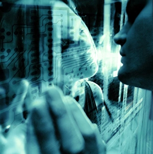 Prints of Online relationship. Conceptual computer artwork representing relationships in the internet age. This image could also illustrate a human forming a relationship with an artificial intelligence Images Dated 2002 November: Online Relationship Print - Digital Connection in the Modern Age