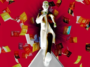 Prints of Overworked. Conceptual computer artwork of a man running from paperwork. This could represent a reaction to an overload of work Images Dated 2004 July: Overworked Man Print