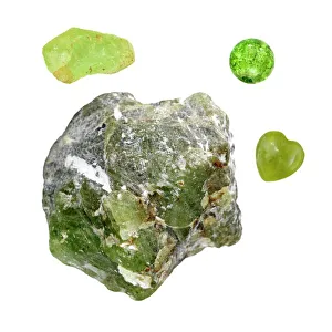 Prints of Peridot. The specimens at top right and middle right are polished and the specimens at left are in their natural state. Peridot is a variety of the mineral olivine (magnesium iron silicate) Images Dated 2010 October: Peridot Olivine Mineral Print