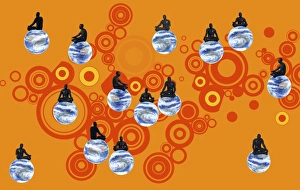 Prints of Philosophy, conceptual computer artwork. Thinkers sit atop globes, contemplating the world Images Dated 2006 March: Philosophers on Globes Print