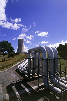 Pipes & cooling tower at geothermal power station Pipes & cooling tower at geothermal power station