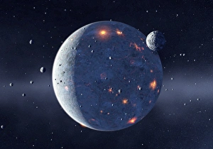 Prints of Planetary formation. Computer artwork of numerous small rocky bodies (planetessimals) accreting to form a planet in the early Solar System Images Dated 2008 May: Planetary formation Print