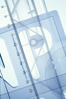 Prints of Plastic items. Selection of common plastic items, including a ruler and letter stencils Images Dated 2011 May: Plastic Items Print