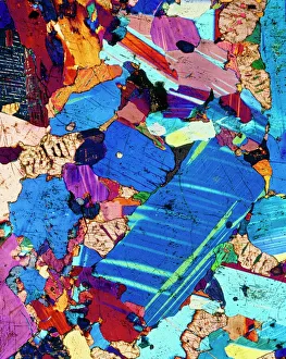Polarised LM of a thin section of gabbro rock Polarised LM of a thin section of gabbro rock