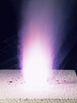 Prints of Potassium burning in air. Potassium (K) is a soft, highly reactive, alkali metal. In air it will burn with a brilliant flame to form potassium dioxide (or potassium superoxide, KO2) Images Dated 2004 October: Potassium Burning in Air Print