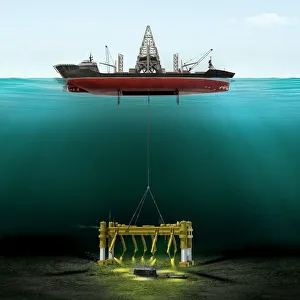 Prints of Project Azorian. Artwork showing the secret US operation carried out by the CIA to recover a sunken Soviet submarine in the 1970s Images Dated 2012 February: Project Azorian Print: The Hughes Glomar Explorer attempting to recover the Soviet submarine K-129