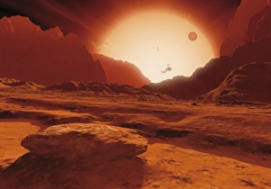 Prints of Proxima Centauri planet. Artwork of the red dwarf star Proxima Centauri (upper centre), seen from the surface of a hypothetical nearby planet Images Dated 2007 November: Proxima Centauri Planet Print