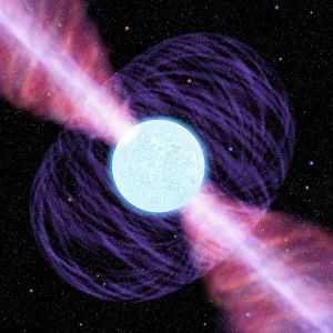 Prints of Pulsar, artwork. This stellar object is a rapidly- rotating neutron star Images Dated 2003 April: Pulsar Print: A Rapidly Rotating Neutron Star