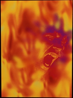 Prints of MODEL RELEASED. Pyromania or schizophrenia. Abstract image of the face of a man in flames, open-mouthed and shouting with an expression of rage or terror Images Dated 1995 February: Pyromania Print: Man in Flames