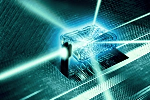 Prints of Concept picture. Nano sized Crystals store Quantum bits of information for access from its multifaceted Crystal lattice Images Dated 2011 May: Quantum Computer Core Print: Crystal Lattice Structure