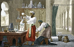 Print of Rhazes in his chemistry laboratory