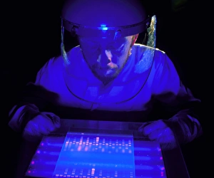 Scientist with ethidium bromide stained DNA gel Scientist with ethidium bromide stained DNA gel