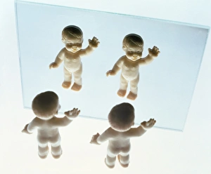 Prints of Self-recognition. Conceptual computer artwork of two young children waving at mirror images of themselves Images Dated 2002 September: Self-recognition Print: Two young children waving at mirror images
