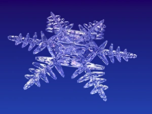 Prints of Snowflake, computer artwork. Snowflakes are ice crystals that form under calm weather conditions when the temperature is near the freezing point of water Images Dated 2006 January: Snowflake Print: A six-fold symmetrical, unique ice crystal pattern