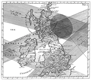 Prints of Solar eclipse paths. Historical map of the paths of four solar eclipses over Great Britain during the 1700s Images Dated 2003 July: Historical Solar Eclipse Paths Print