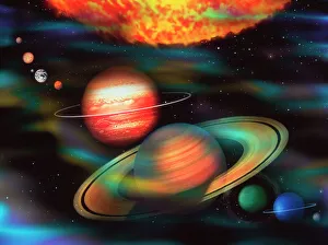 Solar System Print: Computer artwork of the Sun and planets