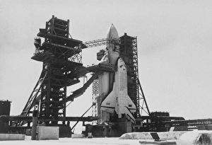 Soviet Space Exploration History Prints: Soviet space shuttle, Buran, on launchpad