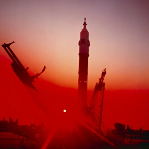 Soyuz spacecraft atop launch vehicle on launchpad Soyuz spacecraft atop launch vehicle on launchpad
