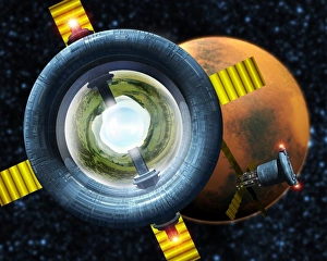 Prints of Cylindrical space colonies by a Mars-like planet, computer artwork Images Dated 2004 June: Cylindrical Space Colony Print