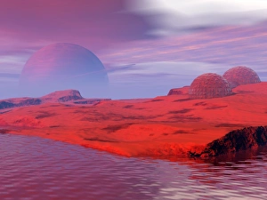 Prints of Space colony. Computer artwork of a settlement on an alien planet. Using conventional technology it would take many decades to reach other stars Images Dated 2005 March: Space Colony Print