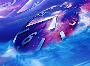 Prints of Space-time. Conceptual artwork of a clock face on a background of stars. This represents the concept of space-time, where time is not invariant and is dependent upon the structure of space Images Dated 2003 November: Space-time Print: A Clock Face Amidst Stars
