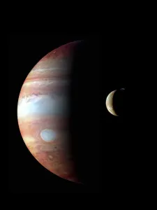 Scientific Posters: Jupiter and Io Print: A Montage of Jupiter and its Volcanic Moon