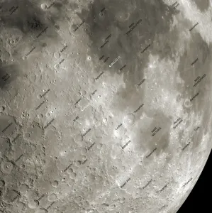Prints of The Moon from space. Annotated artwork of the surface of the moon based on data obtained by unmanned US space probes. The Ptolemaeus crater can be seen at far left Images Dated 2012 January: The Moon from Space Print - Annotated Lunar Surface Image