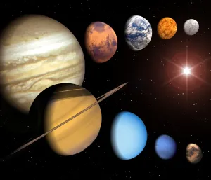 Prints of Solar system. Composite computer artwork of the nine planets of the solar system that orbit the Sun (far right) Space Prints: Solar System Print - Composite artwork of the nine planets