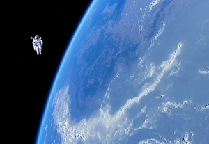 Images Dated 17th March 2011: Spacewalk Astronaut Satellite Print with MMU in Earth Orbit