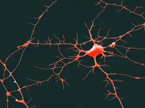 Human Body Prints: Nerve cell print, coloured SEM image