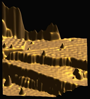 Prints of Spintronics research. Coloured scanning tunnelling micrograph (STM) showing interactions between atoms and a metal surface Images Dated 2007 February: Coloured STM Print of Atomic Interactions on Metal Surface