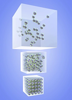 Prints of Three states of matter, 3d computer illustration. From bottom to top the three states of matter are; solid, liquid and gas. Particles are in constant motion Images Dated 2010 May: Three States of Matter Print