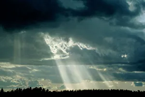 Prints of Rays of the Sun breaking through clouds. The rays become visible when they emerge through gaps in cloud cover and scatter from dust particles or fine rain drops Images Dated 2004 January: Rays of the Sun breaking through clouds Print