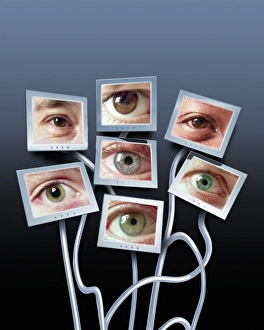 Prints of Surveillance. Composite image of human eyes on computer monitors, representing the concept of Big Brother Images Dated 2007 May: Surveillance Print: Human Eyes on Computer Monitors