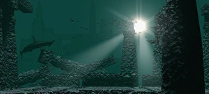 Prints of Underwater Atlantis. Artists impression of the ruins of the mythological city of Atlantis under the sea. The Greek philosopher Plato made the first written references to Atlantis in 360BC Images Dated 2004 January: Print of an artists impression of underwater city ruins