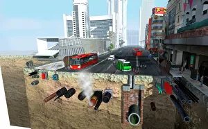 Street Art Prints: Utility pipes Print: Cut-away artwork of city street infrastructure