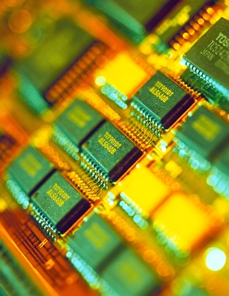 View of a circuit board from a Macintosh computer View of a circuit board from a Macintosh computer