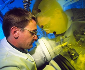 View of a light-emitting polymer researcher View of a light-emitting polymer researcher