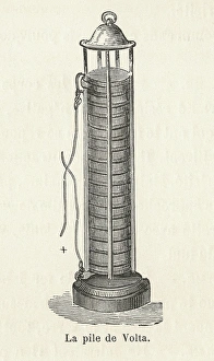 Prints of Voltas battery. Historical illustration of the battery (or pile) made by the Italian physicist Alessandro Volta (1745-1827) in 1800 Images Dated 2004 September: Historical Illustration of Volta's Battery Print