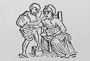 Woodcut showing woman being bled by a doctor Woodcut showing woman being bled by a doctor