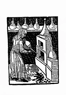 Woodcut of a still used to make medicinal spirits Woodcut of a still used to make medicinal spirits