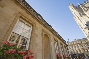 Bath Abbey Prints: Abbey and reflection in window of Baths, Bath, UNESCO World Heritage Site