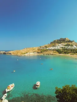 Prints of Acropolis overlooking bay, Lindos, Rhodes, Dodecanese, Greek Islands, Greece, Europe Greece Prints: Acropolis Print of Lindos Bay, Rhodes