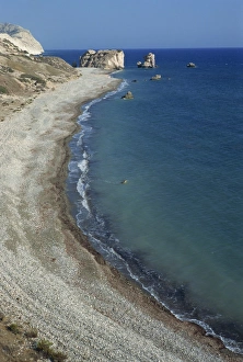 Aerial of coastline with Aphrodites Rock and birthplace, Petra tou Romiou in south Aerial of coastline with Aphrodites Rock and birthplace, Petra tou Romiou in south