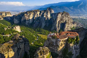 Aerial by drone of the Holy Monastery of Varlaam at sunrise, UNESCO World Heritage Site Aerial by drone of the Holy Monastery of Varlaam at sunrise, UNESCO World Heritage Site