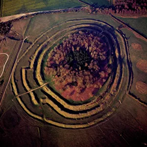 Aerial image of Badbury Rings, an Iron Age hill fort, Dorset, England, United Kingdom Aerial image of Badbury Rings, an Iron Age hill fort, Dorset, England, United Kingdom